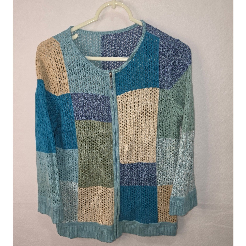 Vintage Blue Patchwork Zip Front Cardigan Ramie Cotton Knit Sweater RN63823